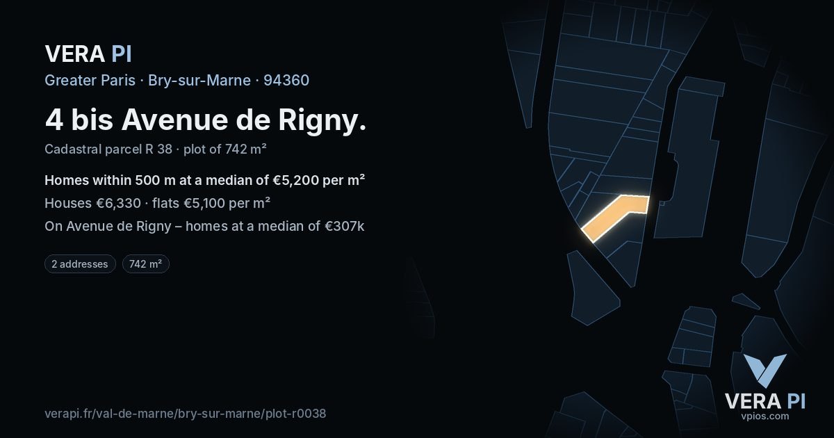 4 bis Avenue de Rigny, Bry-sur-Marne at night – the plot lit, the parcels around coloured by the prices near them