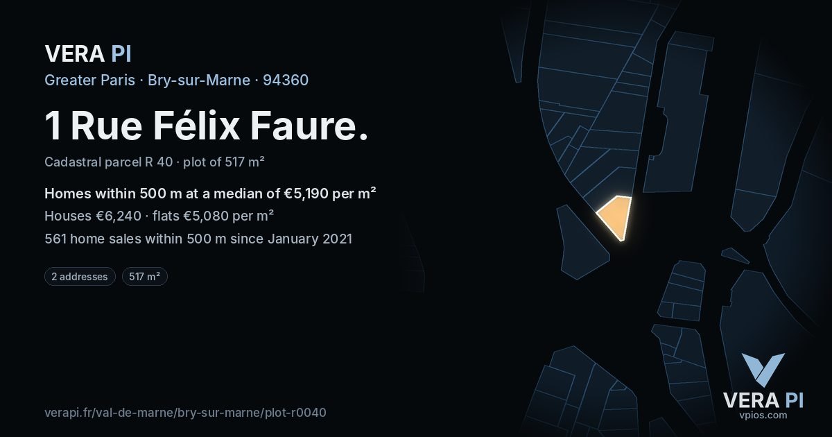 1 Rue Félix Faure, Bry-sur-Marne at night – the plot lit, the parcels around coloured by the prices near them