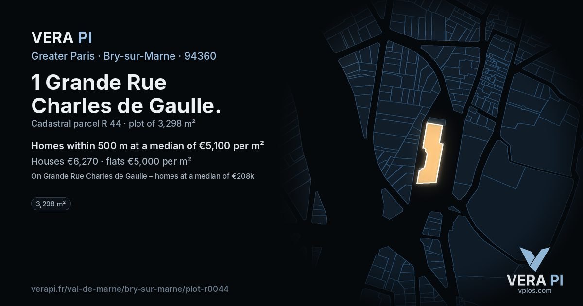 1 Grande Rue Charles de Gaulle, Bry-sur-Marne at night – the plot lit, the parcels around coloured by the prices near them