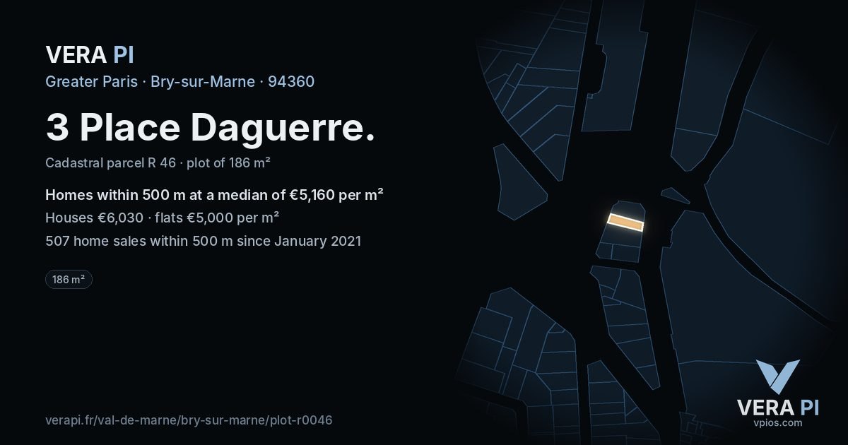3 Place Daguerre, Bry-sur-Marne at night – the plot lit, the parcels around coloured by the prices near them