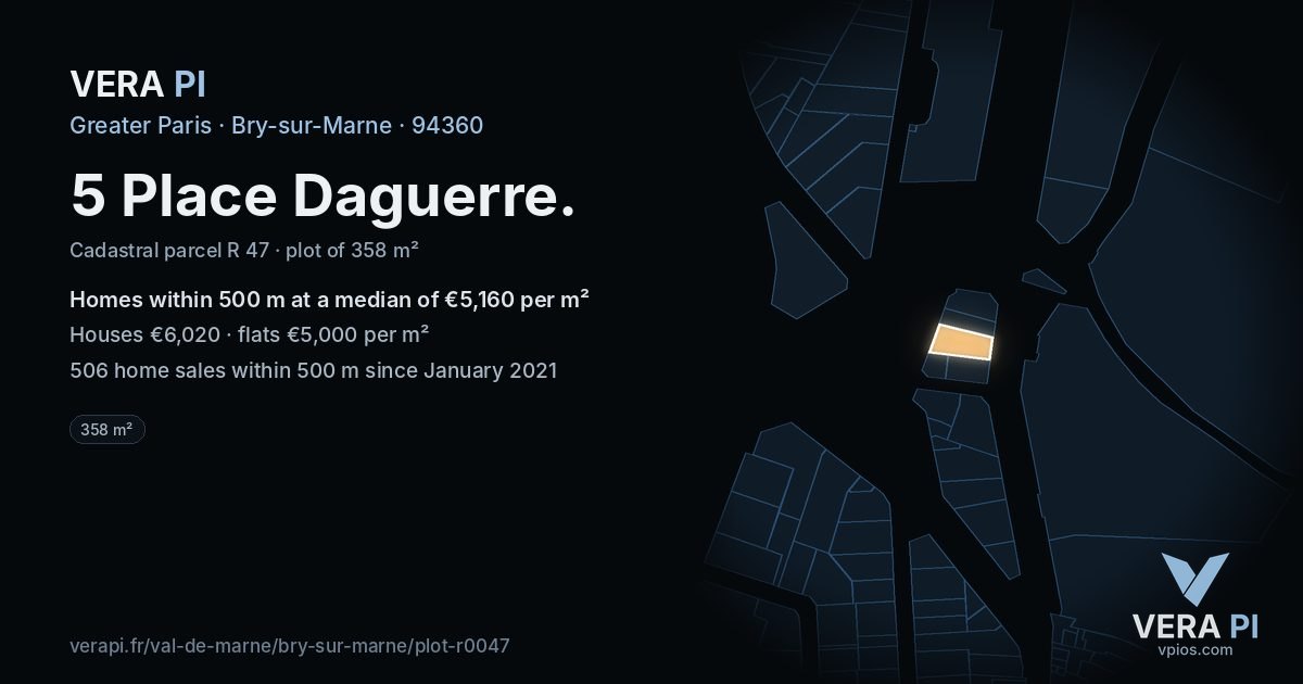5 Place Daguerre, Bry-sur-Marne at night – the plot lit, the parcels around coloured by the prices near them