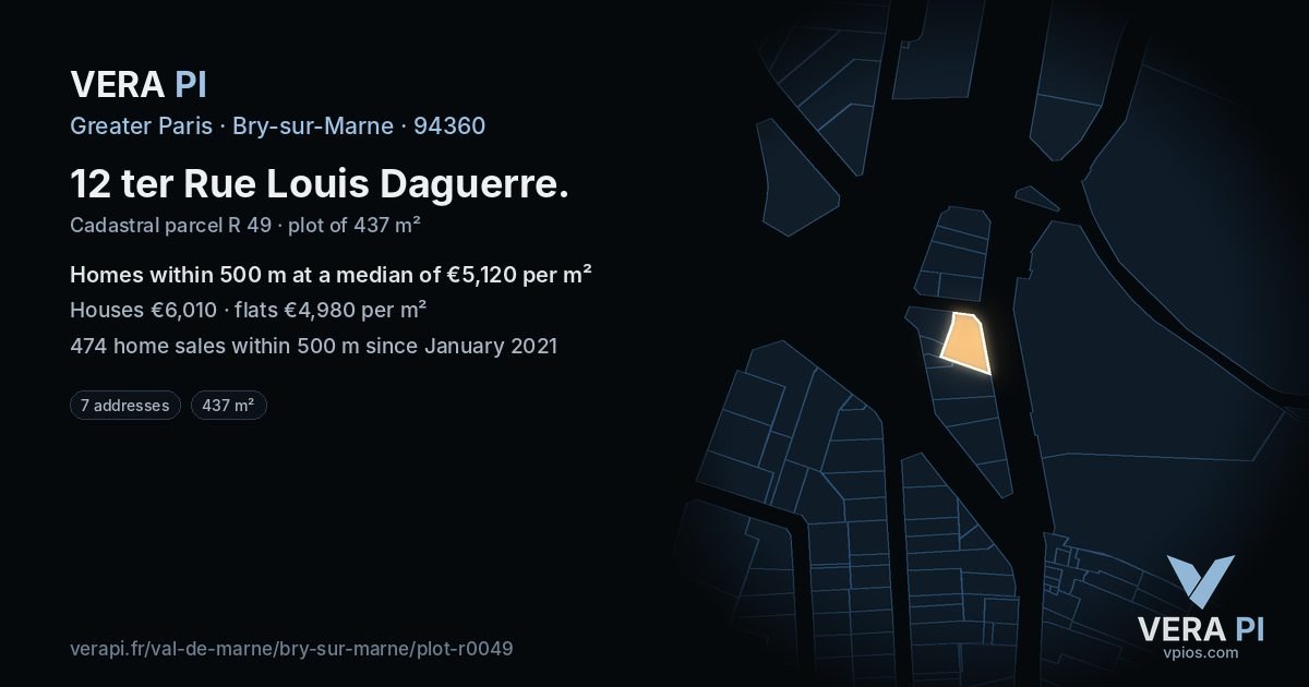 12 ter Rue Louis Daguerre, Bry-sur-Marne at night – the plot lit, the parcels around coloured by the prices near them