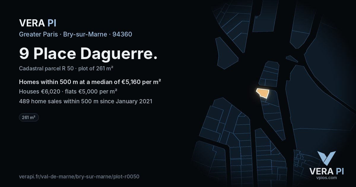 9 Place Daguerre, Bry-sur-Marne at night – the plot lit, the parcels around coloured by the prices near them