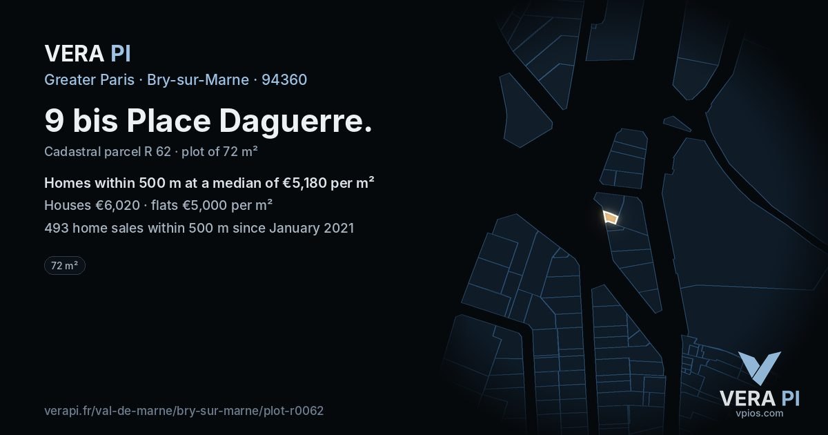 9 bis Place Daguerre, Bry-sur-Marne at night – the plot lit, the parcels around coloured by the prices near them