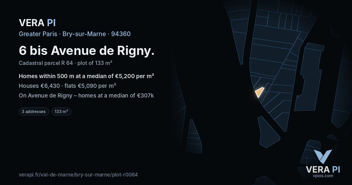 6 bis Avenue de Rigny, Bry-sur-Marne at night – the plot lit, the parcels around coloured by the prices near them