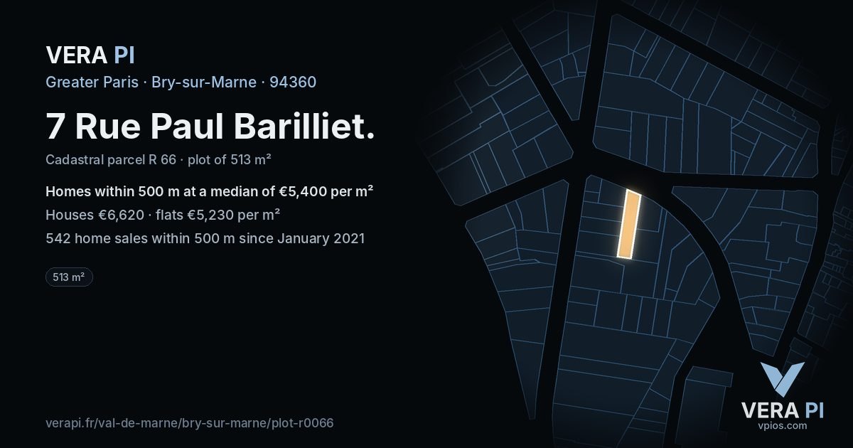 7 Rue Paul Barilliet, Bry-sur-Marne at night – the plot lit, the parcels around coloured by the prices near them