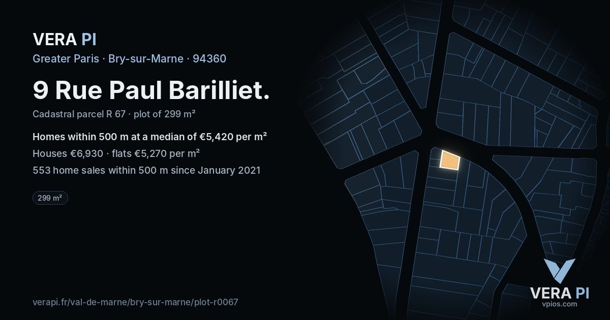 9 Rue Paul Barilliet, Bry-sur-Marne at night – the plot lit, the parcels around coloured by the prices near them