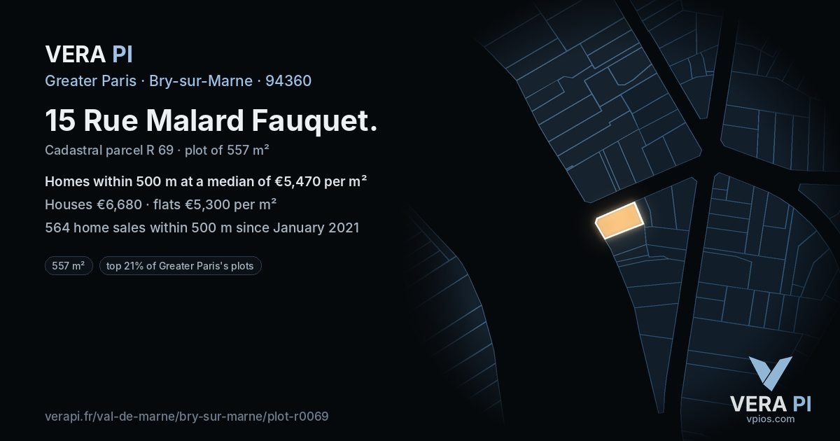 15 Rue Malard Fauquet, Bry-sur-Marne at night – the plot lit, the parcels around coloured by the prices near them