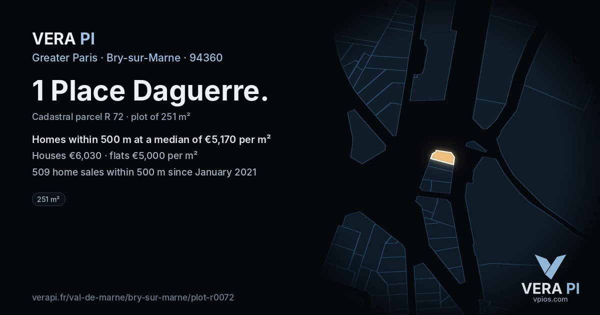 1 Place Daguerre, Bry-sur-Marne at night – the plot lit, the parcels around coloured by the prices near them