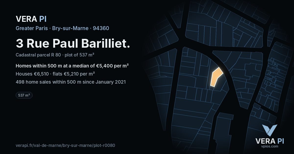 3 Rue Paul Barilliet, Bry-sur-Marne at night – the plot lit, the parcels around coloured by the prices near them
