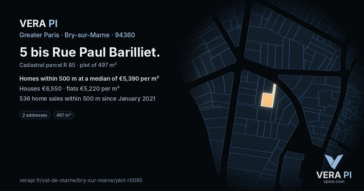 5 bis Rue Paul Barilliet, Bry-sur-Marne at night – the plot lit, the parcels around coloured by the prices near them