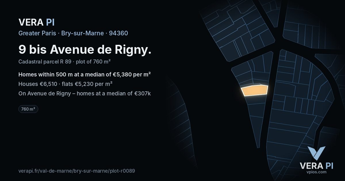 9 bis Avenue de Rigny, Bry-sur-Marne at night – the plot lit, the parcels around coloured by the prices near them