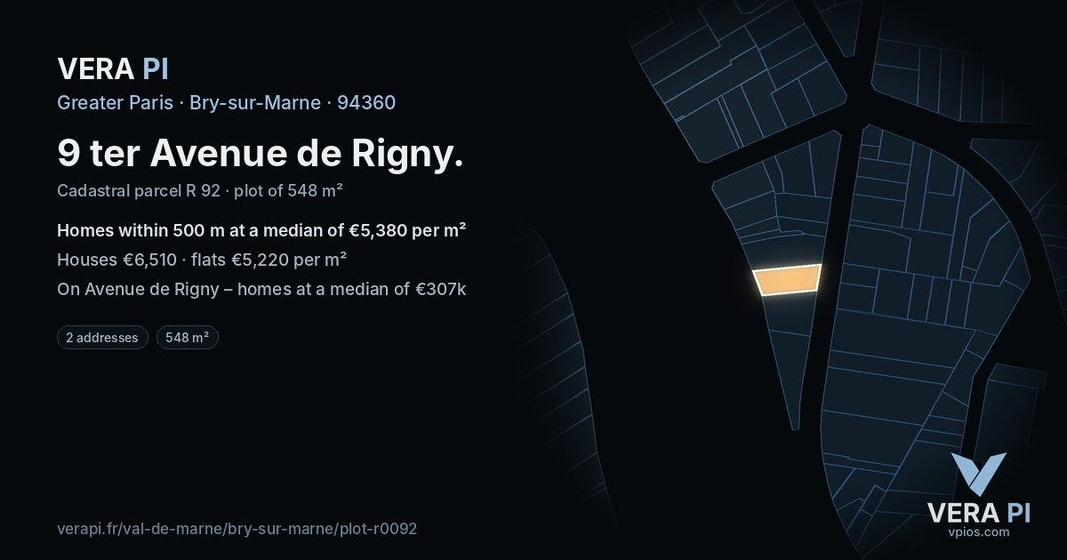 9 ter Avenue de Rigny, Bry-sur-Marne at night – the plot lit, the parcels around coloured by the prices near them