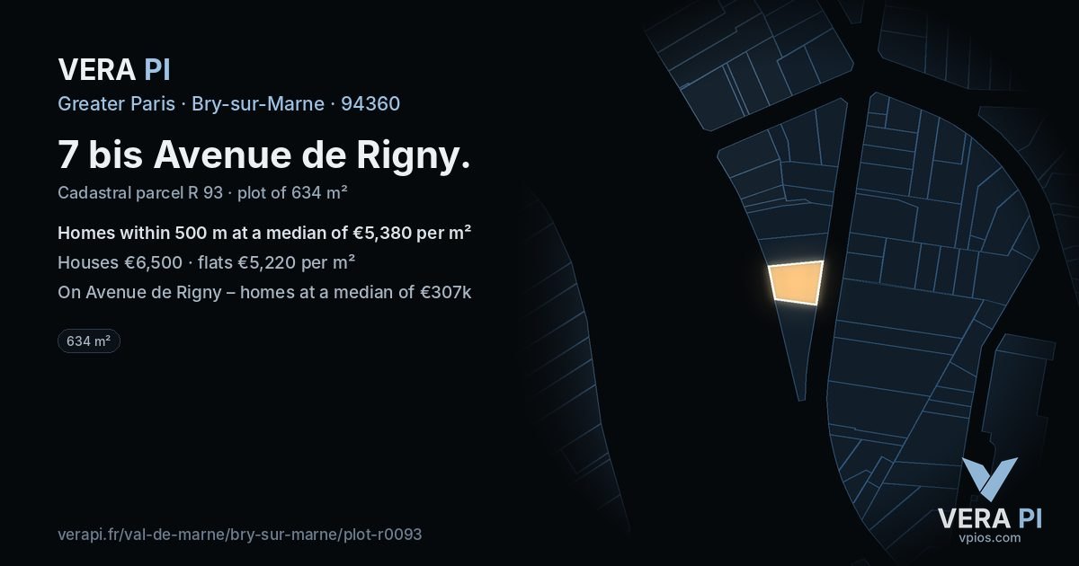 7 bis Avenue de Rigny, Bry-sur-Marne at night – the plot lit, the parcels around coloured by the prices near them