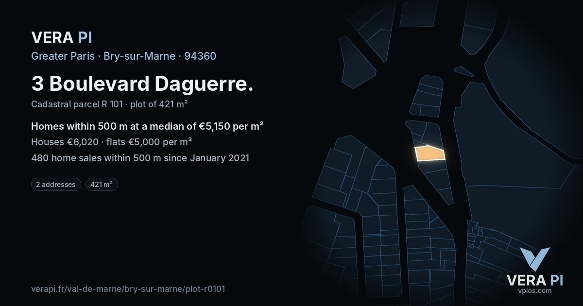 3 Boulevard Daguerre, Bry-sur-Marne at night – the plot lit, the parcels around coloured by the prices near them