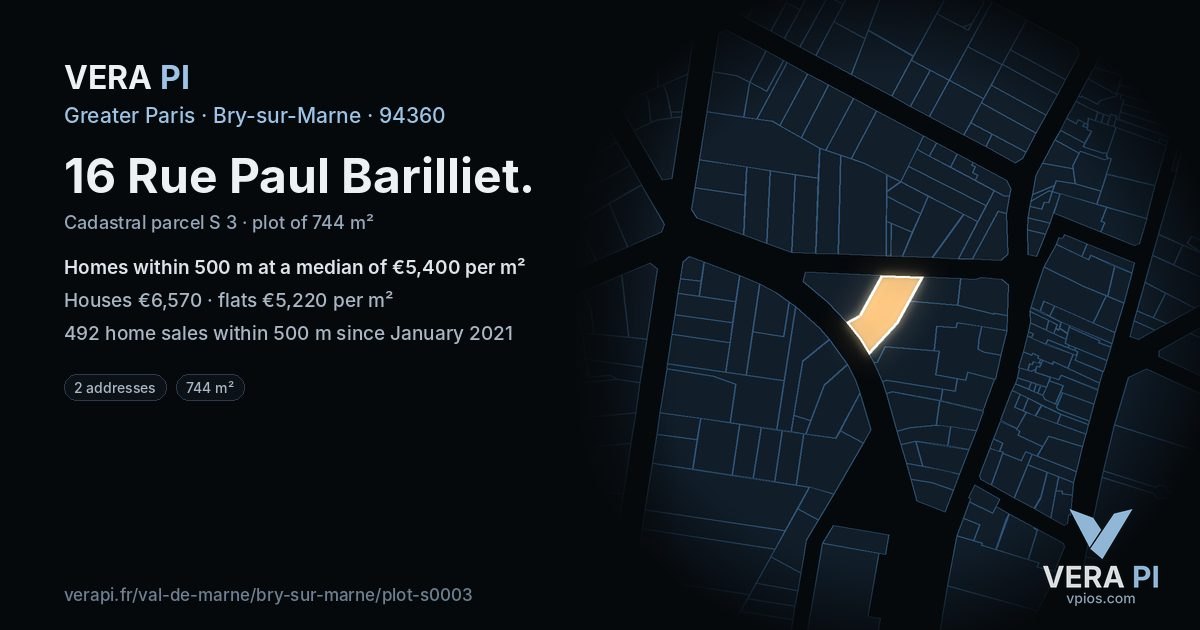 16 Rue Paul Barilliet, Bry-sur-Marne at night – the plot lit, the parcels around coloured by the prices near them