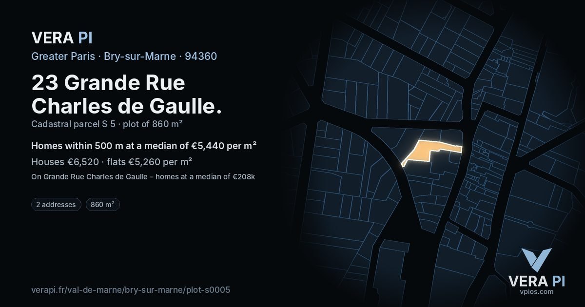 23 Grande Rue Charles de Gaulle, Bry-sur-Marne at night – the plot lit, the parcels around coloured by the prices near them