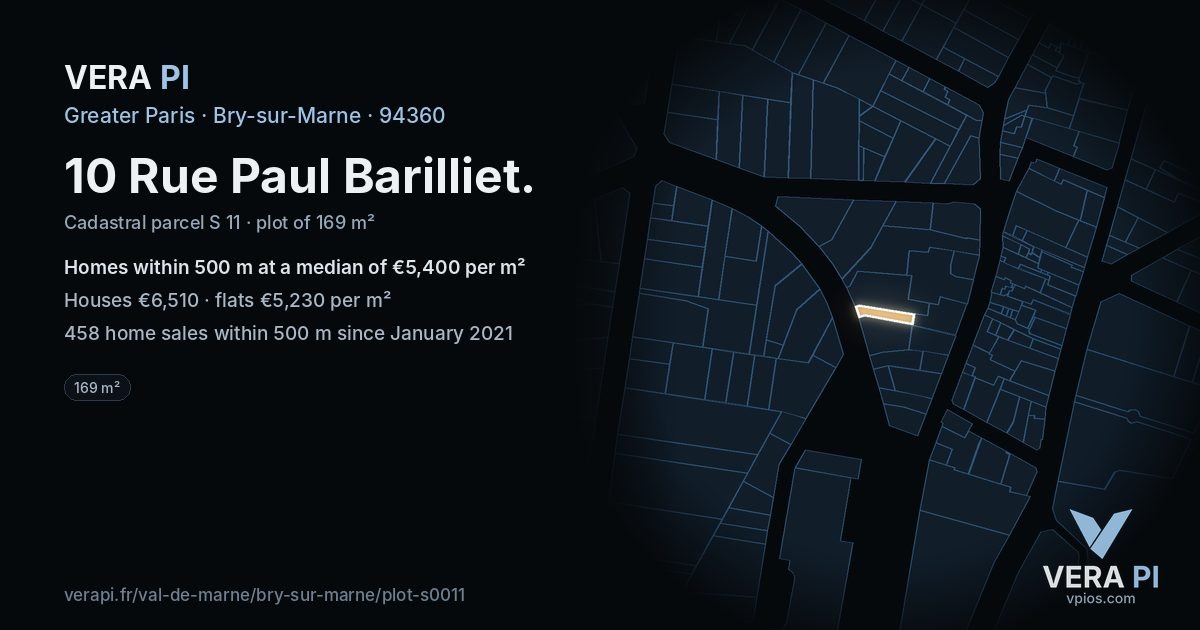 10 Rue Paul Barilliet, Bry-sur-Marne at night – the plot lit, the parcels around coloured by the prices near them