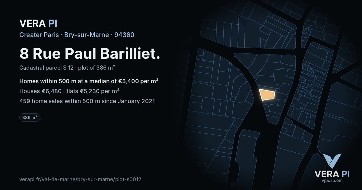 8 Rue Paul Barilliet, Bry-sur-Marne at night – the plot lit, the parcels around coloured by the prices near them