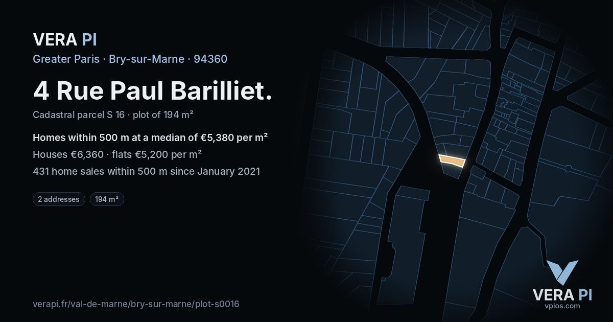 4 Rue Paul Barilliet, Bry-sur-Marne at night – the plot lit, the parcels around coloured by the prices near them