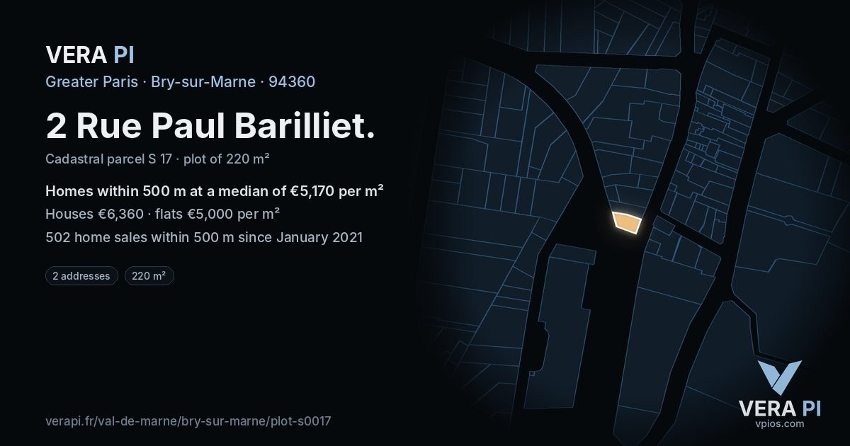 2 Rue Paul Barilliet, Bry-sur-Marne at night – the plot lit, the parcels around coloured by the prices near them