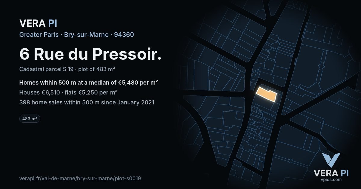 6 Rue du Pressoir, Bry-sur-Marne at night – the plot lit, the parcels around coloured by the prices near them