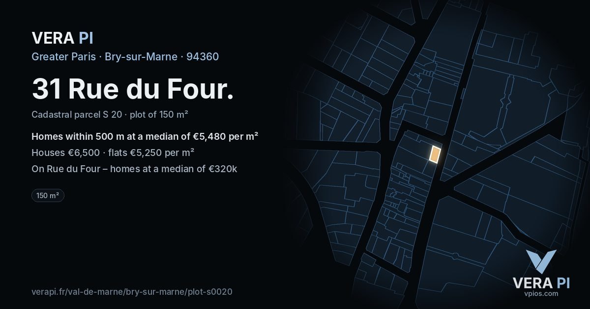 31 Rue du Four, Bry-sur-Marne at night – the plot lit, the parcels around coloured by the prices near them
