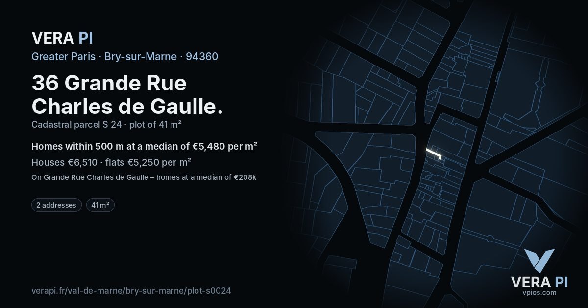 36 Grande Rue Charles de Gaulle, Bry-sur-Marne at night – the plot lit, the parcels around coloured by the prices near them