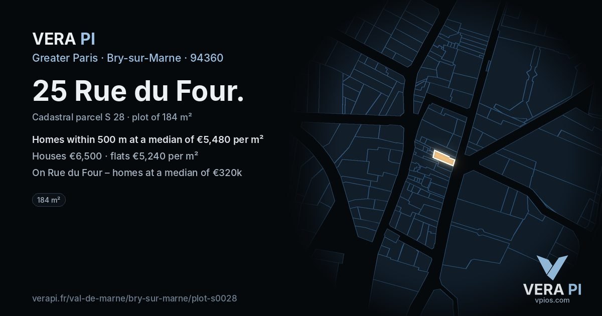 25 Rue du Four, Bry-sur-Marne at night – the plot lit, the parcels around coloured by the prices near them