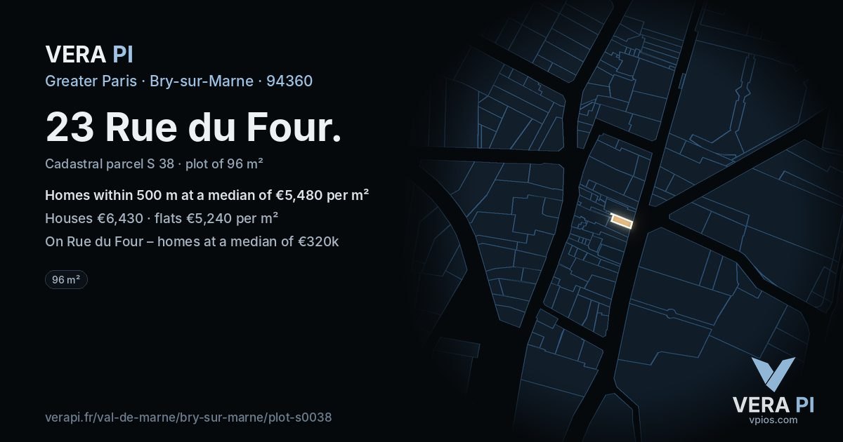 23 Rue du Four, Bry-sur-Marne at night – the plot lit, the parcels around coloured by the prices near them