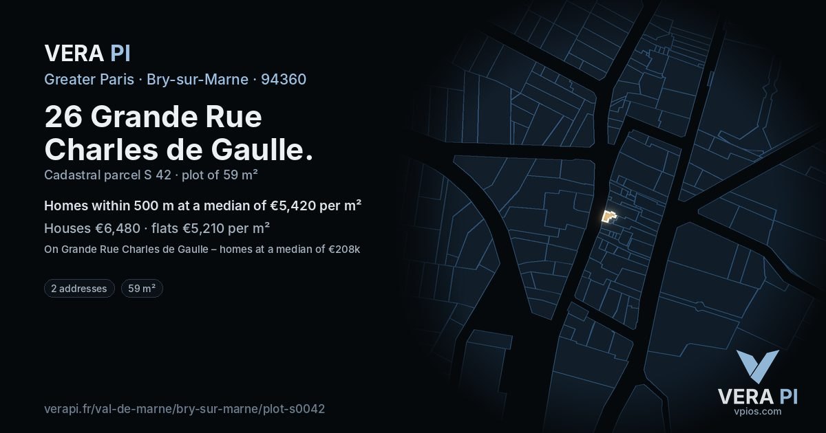 26 Grande Rue Charles de Gaulle, Bry-sur-Marne at night – the plot lit, the parcels around coloured by the prices near them
