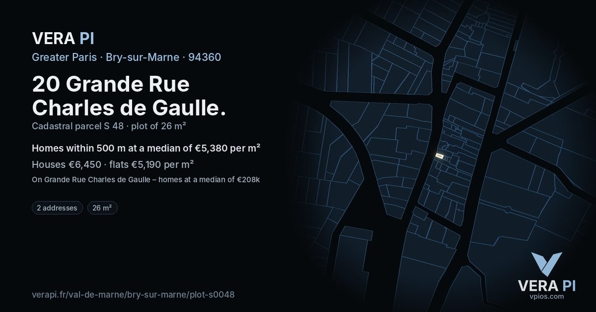 20 Grande Rue Charles de Gaulle, Bry-sur-Marne at night – the plot lit, the parcels around coloured by the prices near them