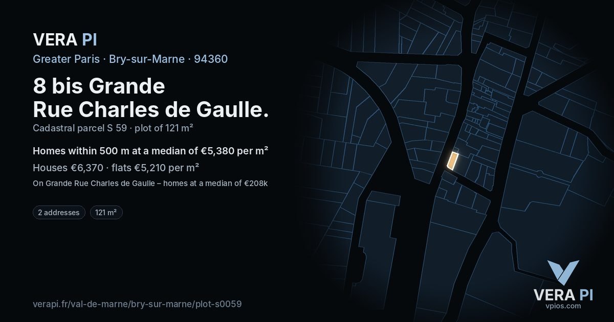 8 bis Grande Rue Charles de Gaulle, Bry-sur-Marne at night – the plot lit, the parcels around coloured by the prices near them