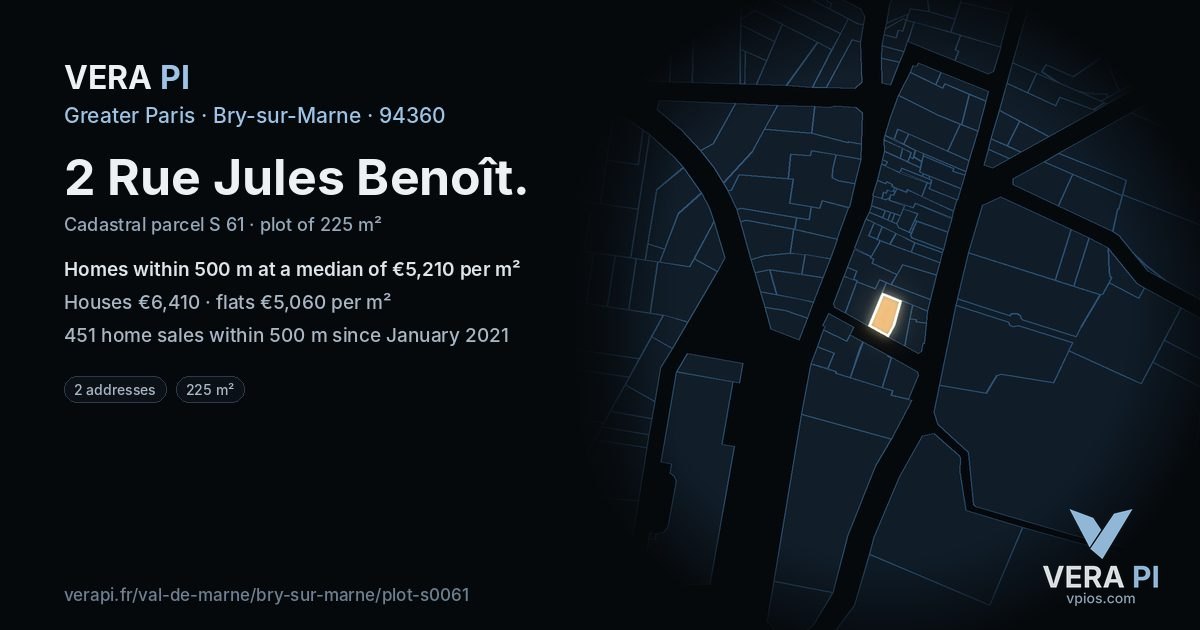 2 Rue Jules Benoît, Bry-sur-Marne at night – the plot lit, the parcels around coloured by the prices near them