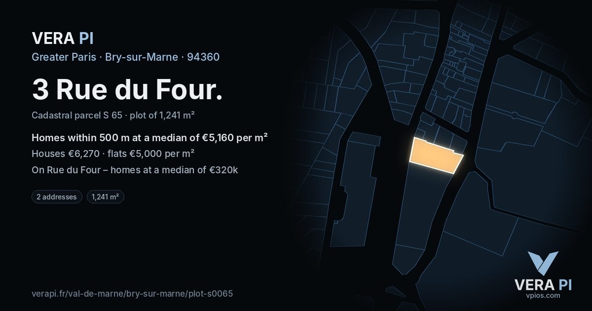 3 Rue du Four, Bry-sur-Marne at night – the plot lit, the parcels around coloured by the prices near them