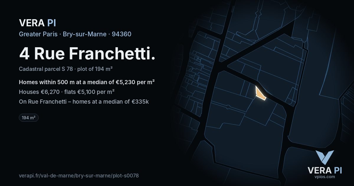4 Rue Franchetti, Bry-sur-Marne at night – the plot lit, the parcels around coloured by the prices near them