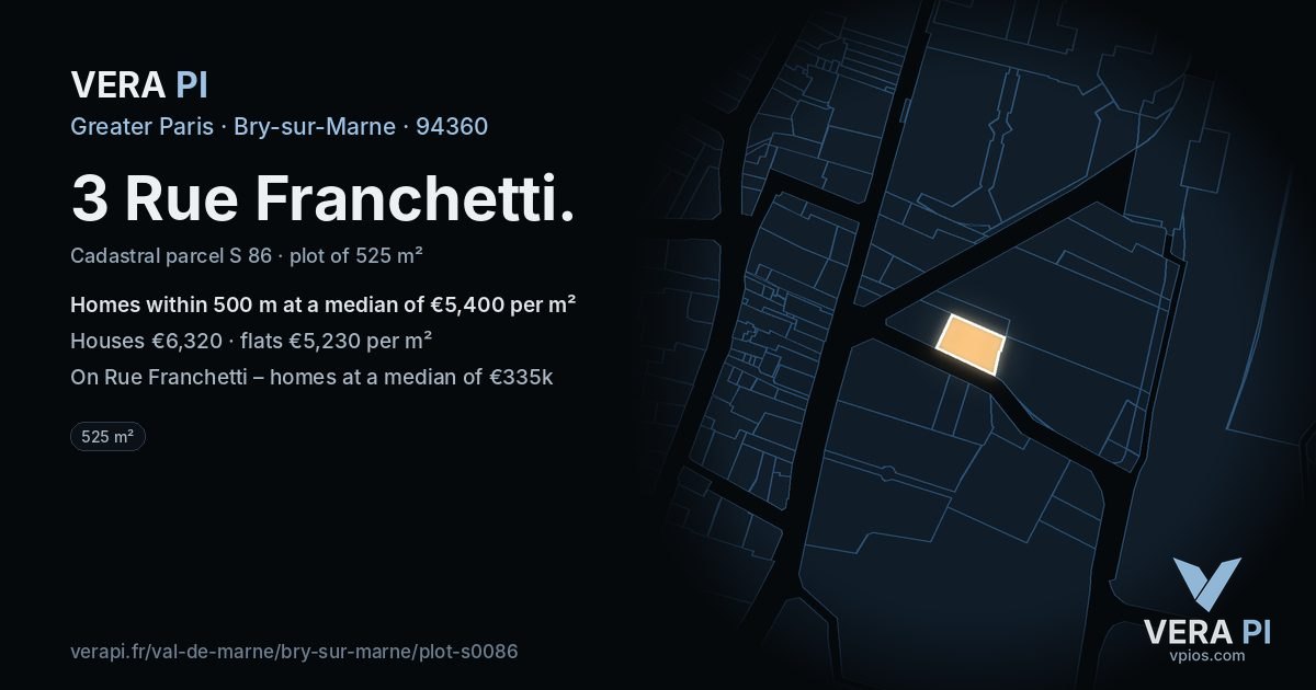 3 Rue Franchetti, Bry-sur-Marne at night – the plot lit, the parcels around coloured by the prices near them