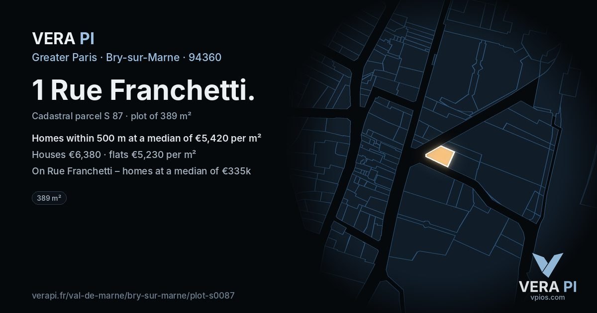 1 Rue Franchetti, Bry-sur-Marne at night – the plot lit, the parcels around coloured by the prices near them