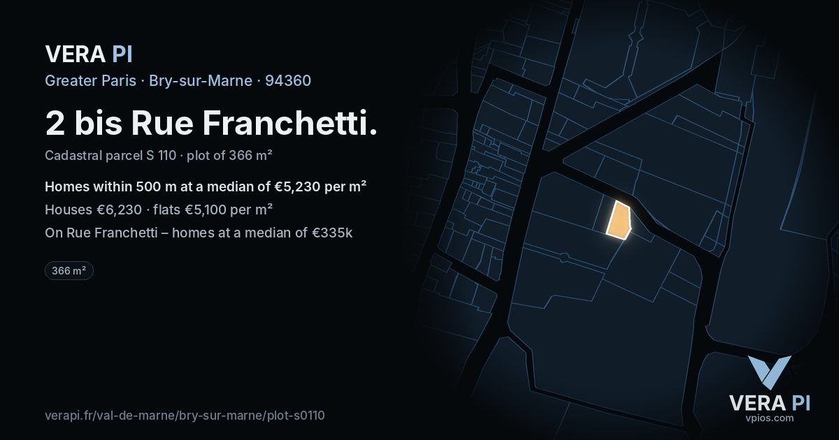 2 bis Rue Franchetti, Bry-sur-Marne at night – the plot lit, the parcels around coloured by the prices near them