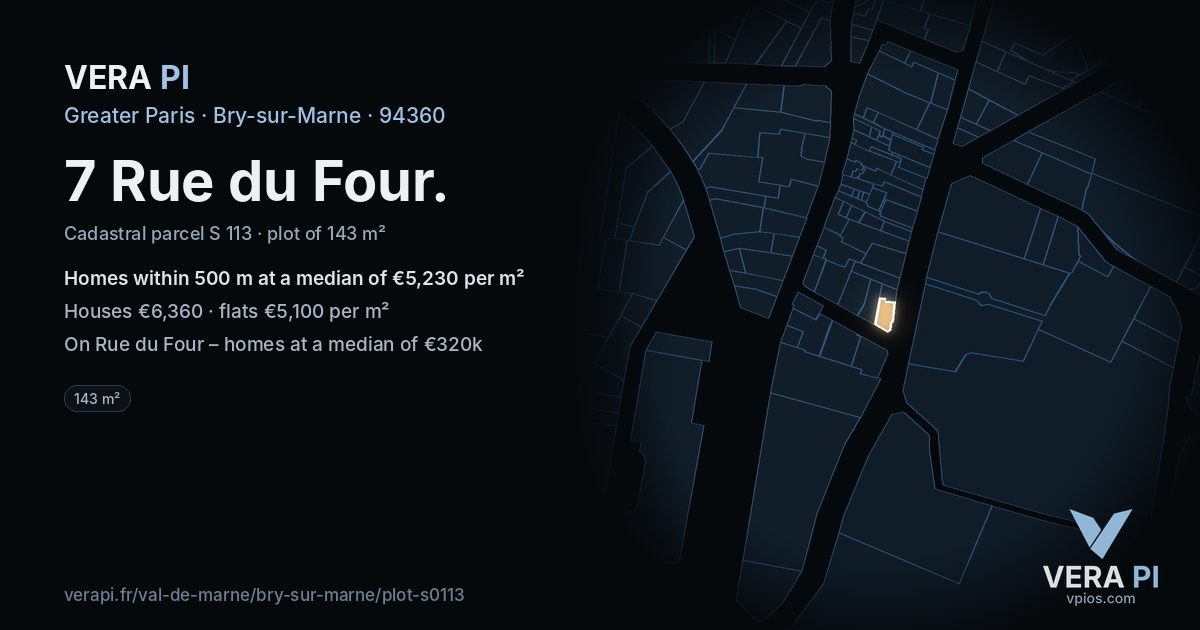 7 Rue du Four, Bry-sur-Marne at night – the plot lit, the parcels around coloured by the prices near them