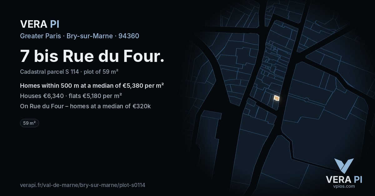 7 bis Rue du Four, Bry-sur-Marne at night – the plot lit, the parcels around coloured by the prices near them