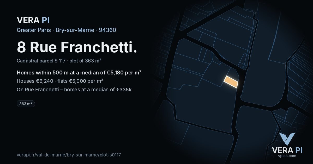 8 Rue Franchetti, Bry-sur-Marne at night – the plot lit, the parcels around coloured by the prices near them