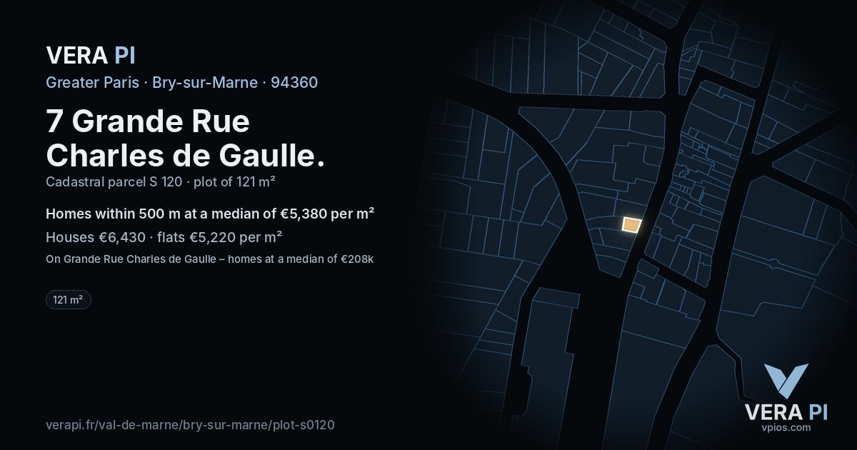 7 Grande Rue Charles de Gaulle, Bry-sur-Marne at night – the plot lit, the parcels around coloured by the prices near them