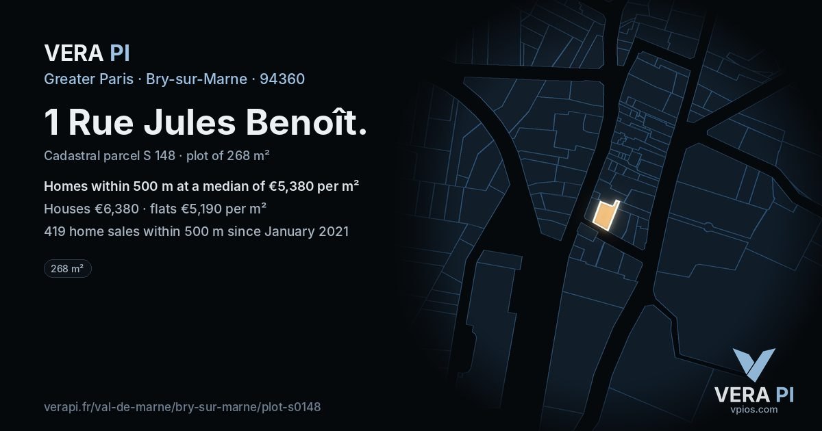 1 Rue Jules Benoît, Bry-sur-Marne at night – the plot lit, the parcels around coloured by the prices near them