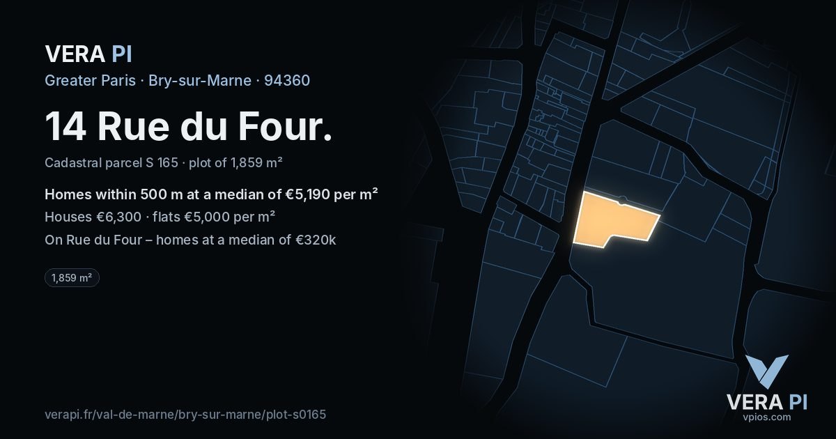 14 Rue du Four, Bry-sur-Marne at night – the plot lit, the parcels around coloured by the prices near them