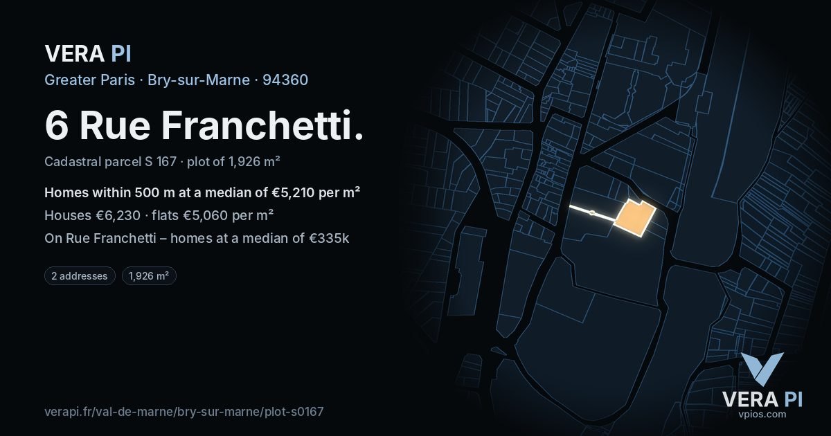 6 Rue Franchetti, Bry-sur-Marne at night – the plot lit, the parcels around coloured by the prices near them