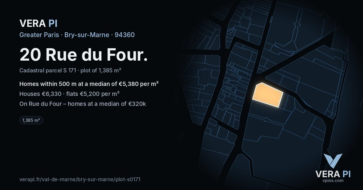 20 Rue du Four, Bry-sur-Marne at night – the plot lit, the parcels around coloured by the prices near them