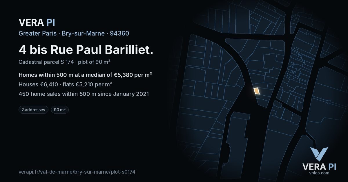 4 bis Rue Paul Barilliet, Bry-sur-Marne at night – the plot lit, the parcels around coloured by the prices near them