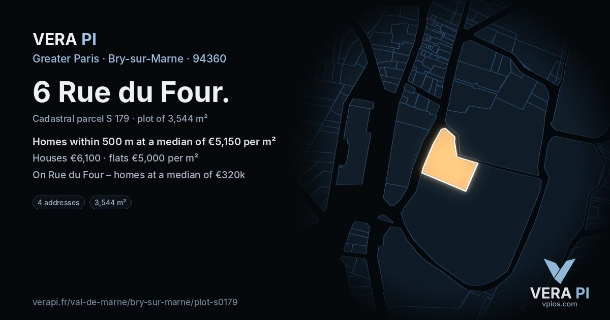6 Rue du Four, Bry-sur-Marne at night – the plot lit, the parcels around coloured by the prices near them
