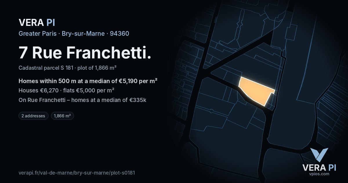 7 Rue Franchetti, Bry-sur-Marne at night – the plot lit, the parcels around coloured by the prices near them